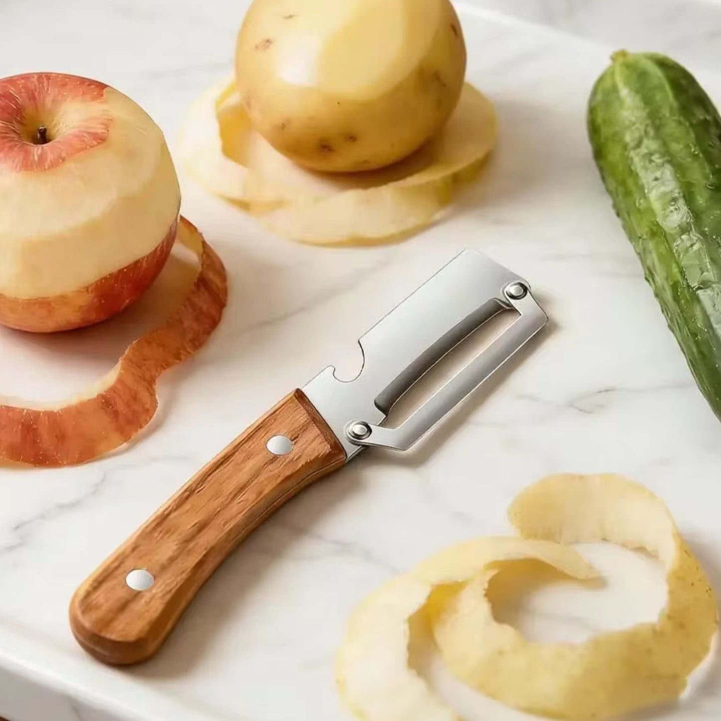 Grøntsagsskræller i Rustfrit Stål med Træhåndtag – Køkkenskræller til Kartofler, Frugt & Grøntsager