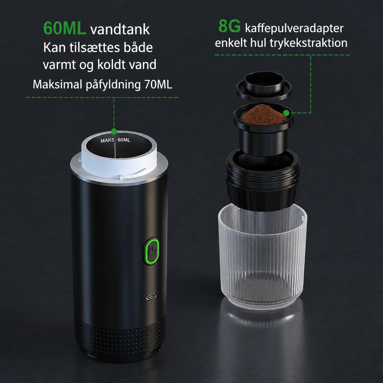 Bærbar Espresso Kaffemaskine | 3-i-1 Kapsel & Pulver med Højtryksekstraktion | Ideel til Rejser og Camping