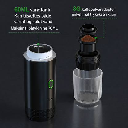Bærbar Espresso Kaffemaskine | 3-i-1 Kapsel & Pulver med Højtryksekstraktion | Ideel til Rejser og Camping