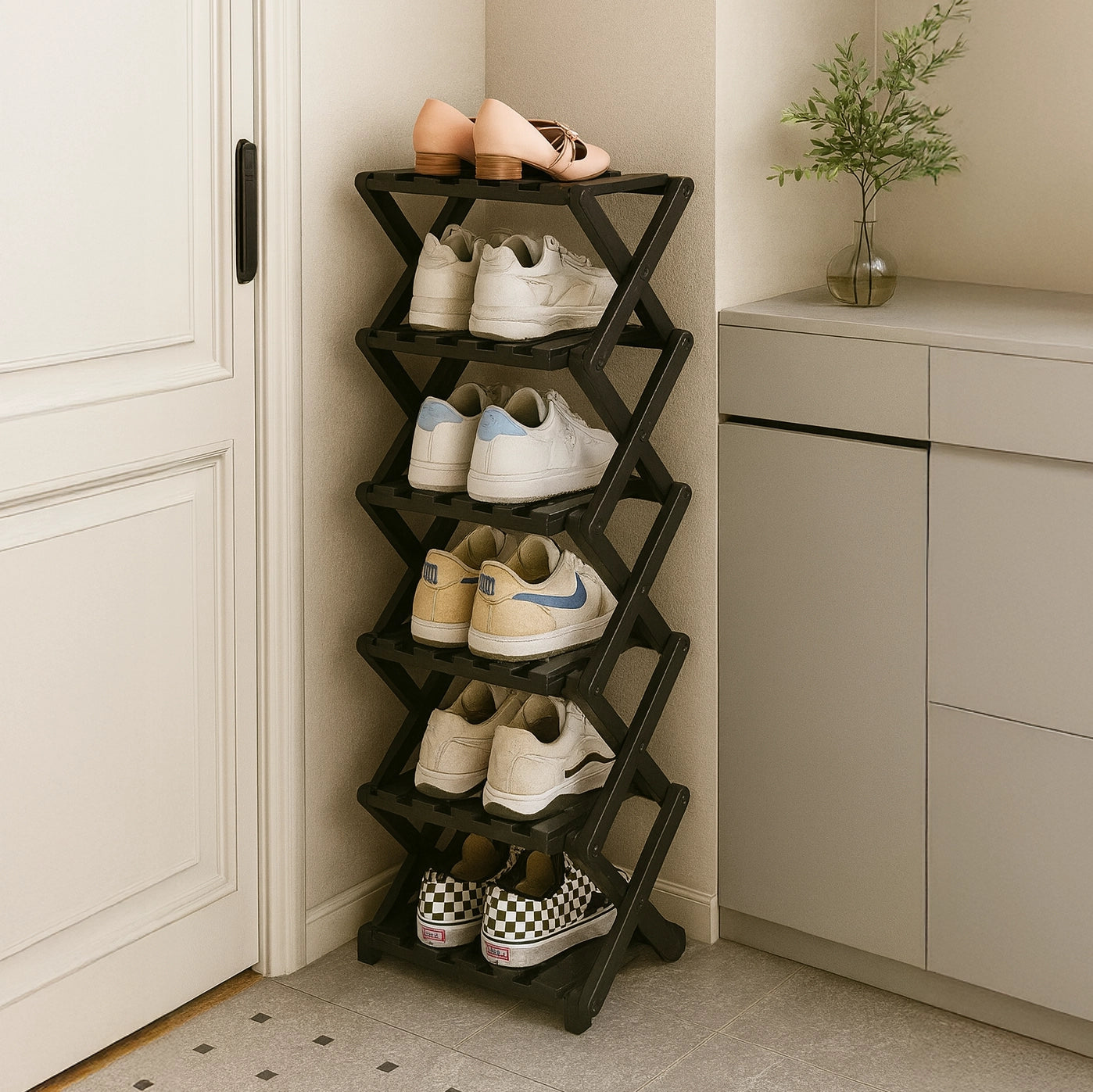 Bambus Organizer | Foldbart Opbevaringsstativ med Pladsbesparende Design til Sko og Bøger