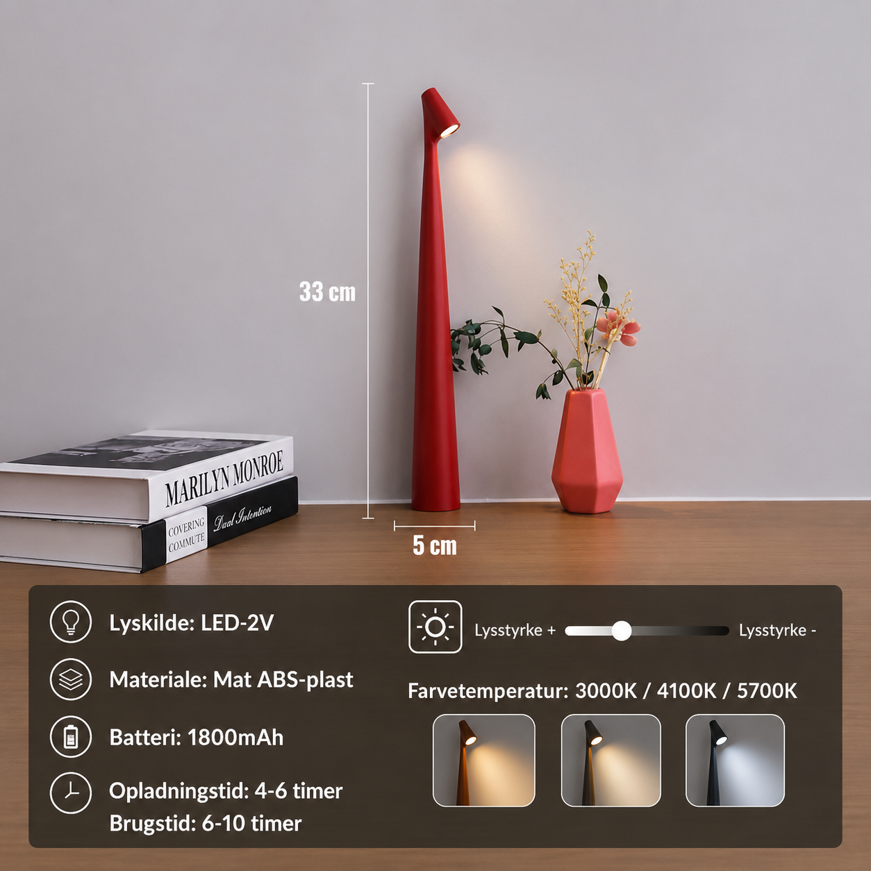 Moderne Bordlampe | LED Skrivebordslampe med Berøringsdæmpning | Cordless Design til Praktisk Belysning