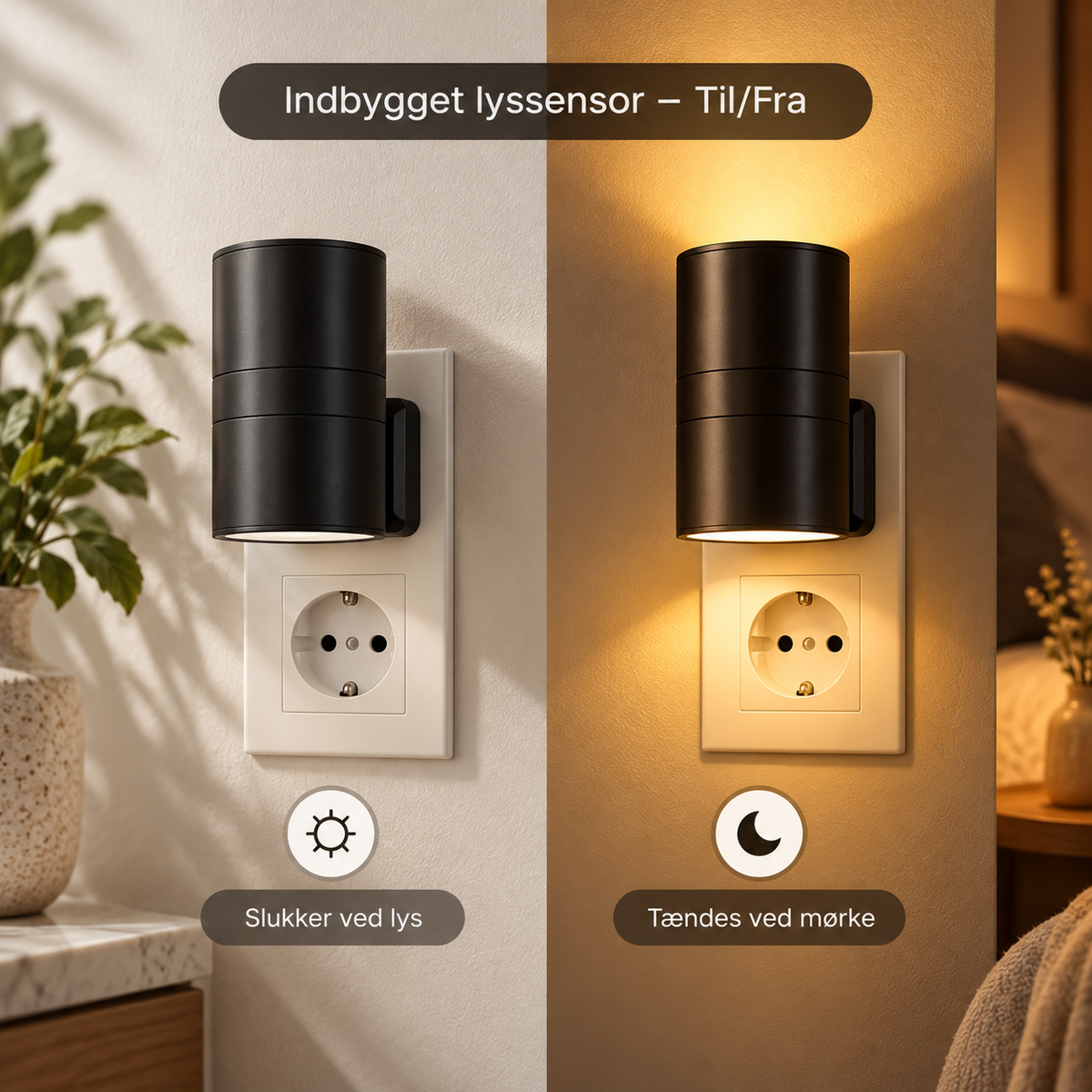 LED Væglampe med Sensor – Stikkontakt Natlampe med Justerbart Varmt Lys