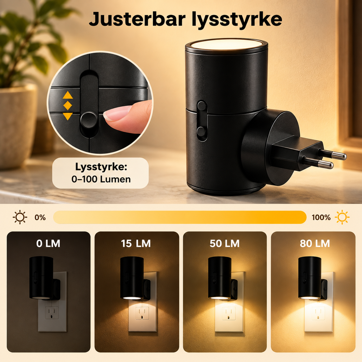 LED Væglampe med Sensor – Stikkontakt Natlampe med Justerbart Varmt Lys