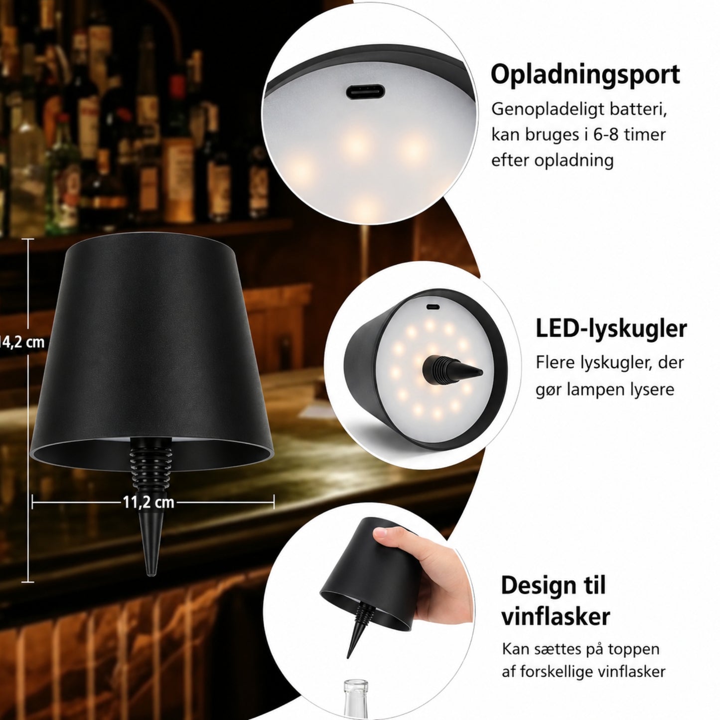 Genopladelig LED Flaskelampe – Trådløs Bordlampe med 3 Lysfarver til Vinflasker, Hjem & Restaurant