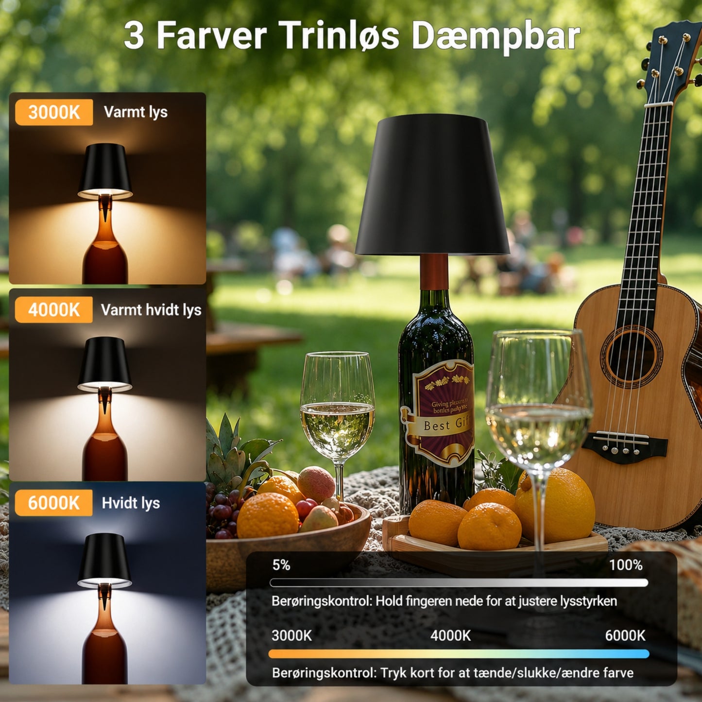 Genopladelig LED Flaskelampe – Trådløs Bordlampe med 3 Lysfarver til Vinflasker, Hjem & Restaurant