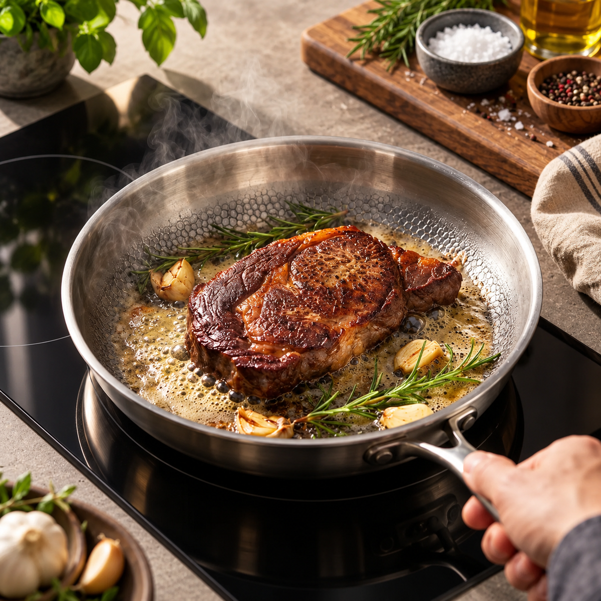 Titanium Stekepanne 28 cm i Rustfritt Stål – Non-Stick Panne til Induksjon og Gass