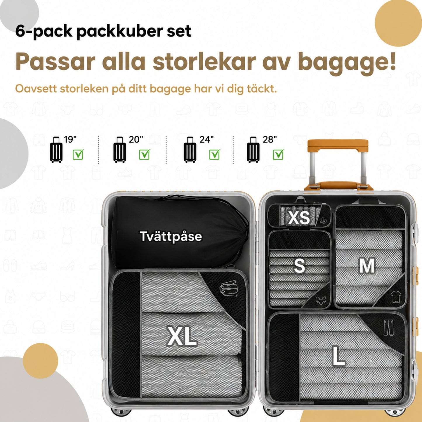 Rejse Organizer Sæt med Kompression – 6-Pack Packing Cubes til Kuffert & Rejse