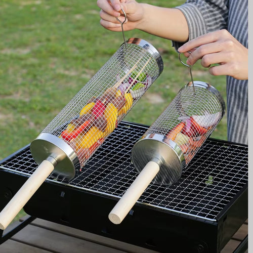 Roterende BBQ Grillkurv i Rustfrit Stål – Grillkurv med Træhåndtag til Grill & Udendørs Madlavning