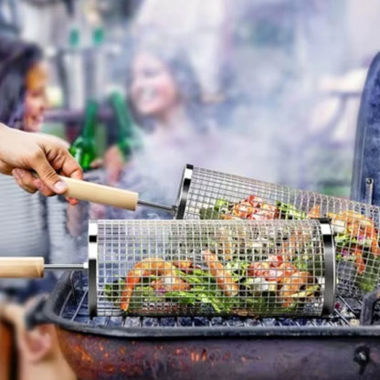 Roterende BBQ Grillkurv i Rustfrit Stål – Grillkurv med Træhåndtag til Grill & Udendørs Madlavning