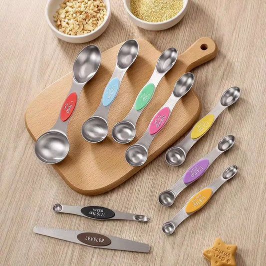 Måleske Sæt i Rustfrit Stål – 9 Dele Dobbeltsidede Måleskeer med Magnetisk Design til Bagning & Madlavning