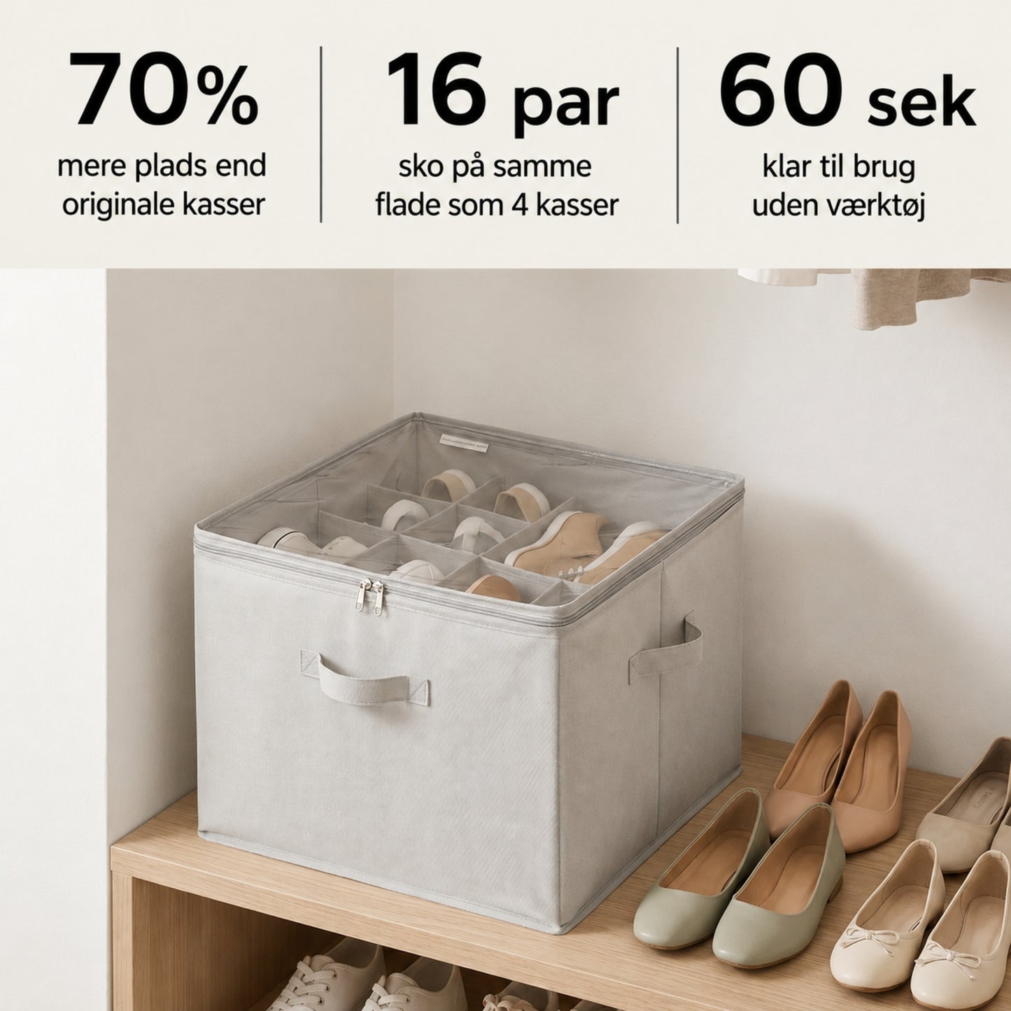 Sammenfoldelig Skoopbevaring til 16 Par Sko – Stabelbar Opbevaringsboks med Gennemsigtigt Låg