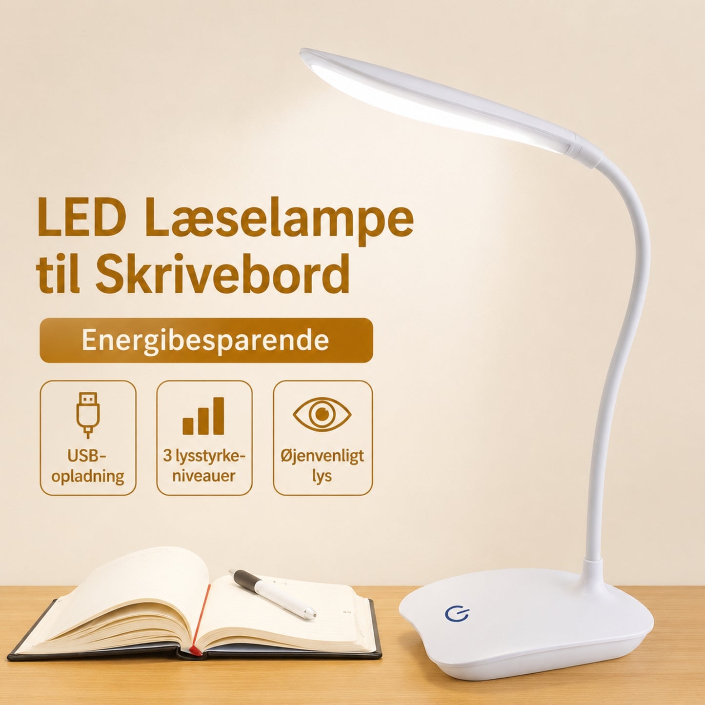 Genopladelig LED Skrivebordslampe – Dæmpbar Bordlampe med 3 Lysniveauer og USB-Opladning til Læsning & Arbejde