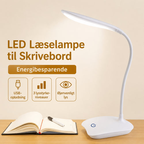 Genopladelig LED Skrivebordslampe – Dæmpbar Bordlampe med 3 Lysniveauer og USB-Opladning til Læsning & Arbejde