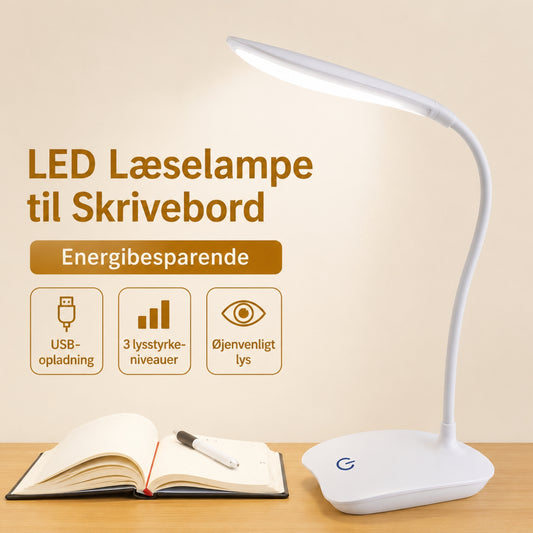 Genopladelig LED Skrivebordslampe – Dæmpbar Bordlampe med 3 Lysniveauer og USB-Opladning til Læsning & Arbejde