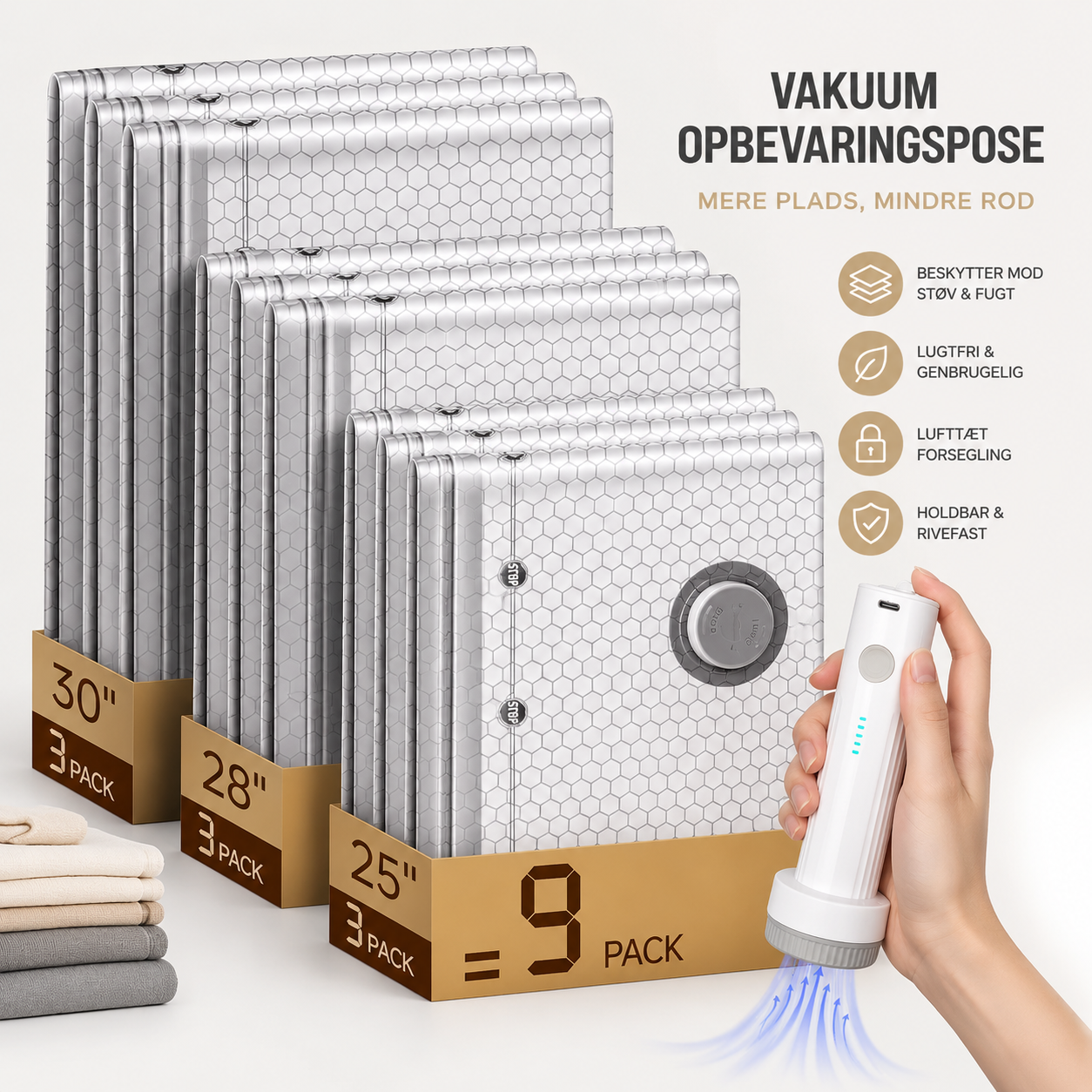 Vakuumposer til Opbevaring med Elektrisk Luftpumpe – Pladsbesparende Opbevaringsposer til Tøj, Dyner & Garderobe
