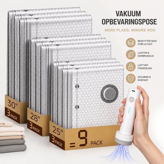 Vakuumposer til Opbevaring med Elektrisk Luftpumpe – Pladsbesparende Opbevaringsposer til Tøj, Dyner & Garderobe